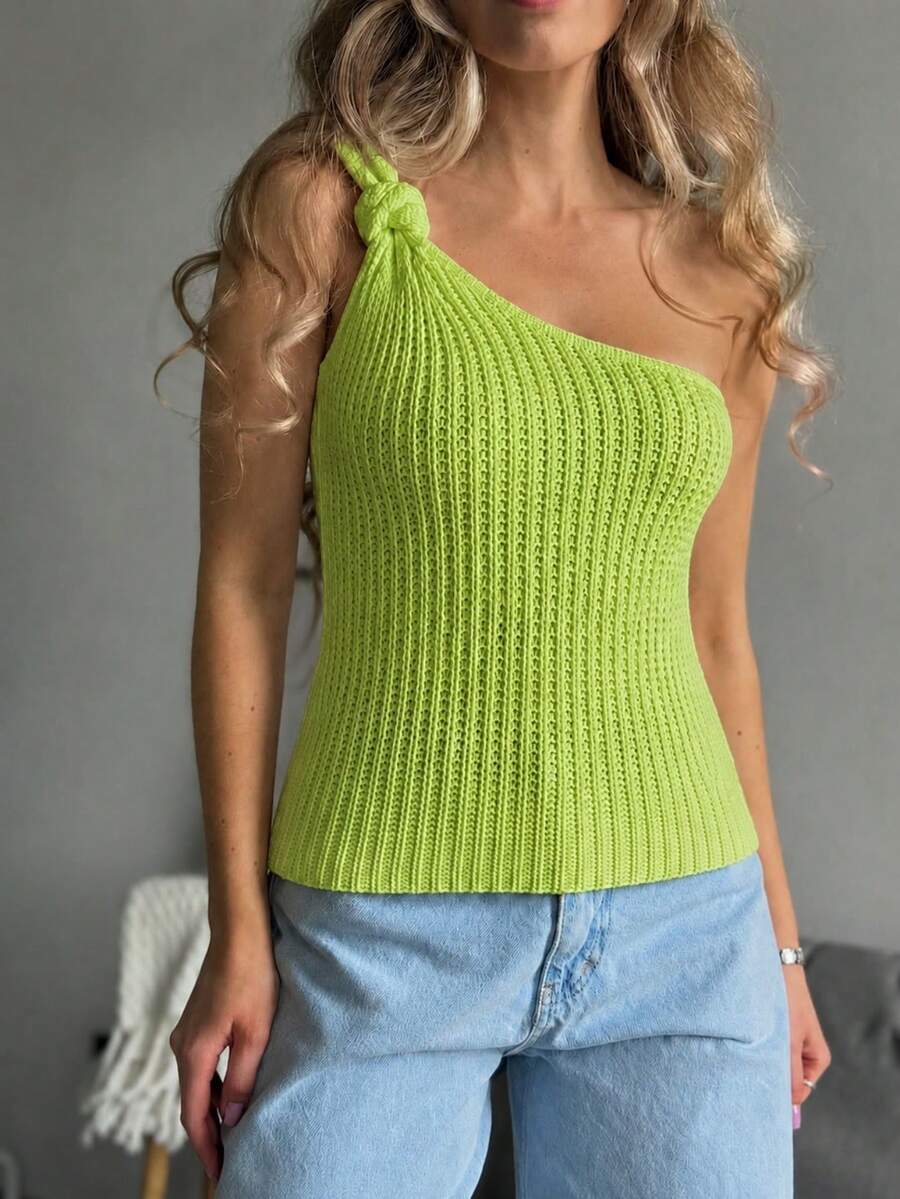 Women's Cropped Top, Modal Knit, One Shoulder, Halter Neck, Side Knot Detail, Summer Premium Style - Verde Lima - Ver 1