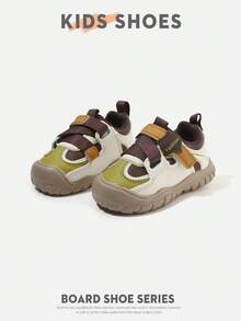 1 Pair Toddler Colorblock Patchwork Round Toe Double Hook & Loop Flat Retro Casual Sneakers For Daily Wear [Select By Actual CM Inner Length] - Khaki - View 5