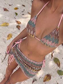 Bikinx 女款夏季海灘波浪圖案掛脖綁帶性感比基尼兩件式泳衣套裝，附遮陽罩裙，度假適用 - 彩色 - 查看 6