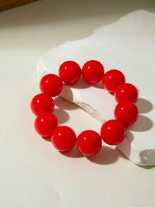 1pc Necklace + 1pc Bracelet + 1 Pair Earrings / Dopamine Vacation Style Retro Acrylic Red Large Round Bead Jewelry Set Suitable For Women Beach Outing Jewelry Gift - 31473-nBE-red-set-eP - View 7