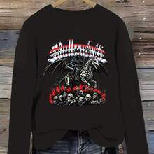 Gothic Streetwear, Crewneck Long Sleeve Top, Skullcrusher Skeleton Dragon Graphic, Autumn Winter Casual Wear, Gift For Metal Music Fans - Black - View 1