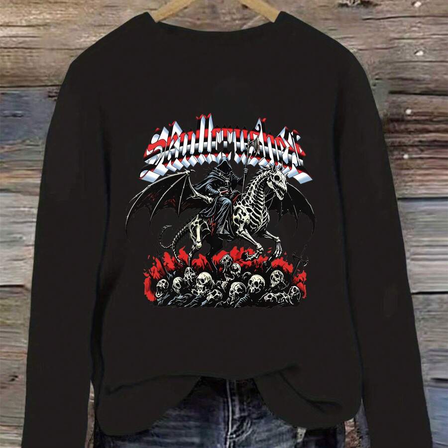 Gothic Streetwear, Crewneck Long Sleeve Top, Skullcrusher Skeleton Dragon Graphic, Autumn Winter Casual Wear, Gift For Metal Music Fans - Black - View 1