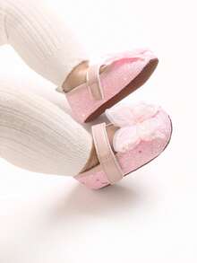 Pink Glitter Mesh Bow Infant Princess Mary Jane Shoes, Single Strap Hook & Loop, Non-Slip Soft Sole, Girl Toddler First Walker Shoes - Pink - View 7