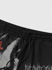 Anime-Inspired Dark Grungy Red Star Crying Face Print Drawstring Casual Shorts For Men - Black - View 4