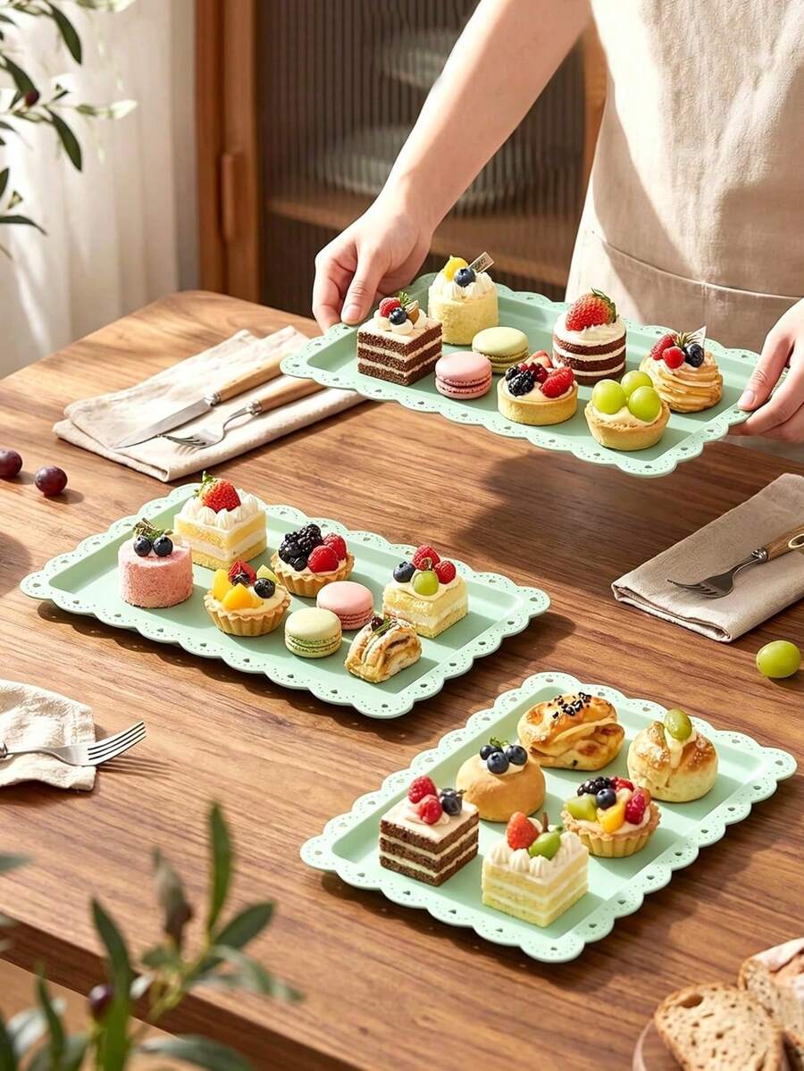 Bandeja de plástico para postres, frutas, pasteles y tazas, bandeja decorativa rectangular para galletas y aperitivos, suministros para fiestas, adecuada para bodas, restaurantes, fiestas de graduación, fiestas de cumpleaños, tiendas de postres, restaurantes, camping al aire libre - verde claro - Ver 1