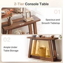 LITTLE TREE 105cm Brown 2-Tier Farmhouse Narrow Console Table Storage Sofa Table Hall Living - Brown - View 9