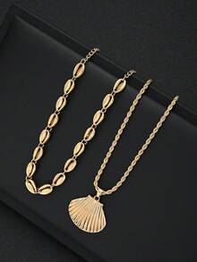2pcs Fashion Minimalist Elegant Exquisite Vintage Design Multi-Layer Geometric Faux Shell Pendant Necklace Set, Choker, Holiday Vacation Party Date Gift, Daily Commute Wear, Personalized - Yellow Gold - View 4