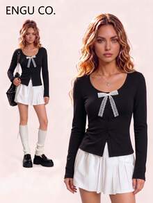 ENGU CO. Back To School Y2K Coquette Long Sleeve Top, Round Neck Lace Front Bow Single Breasted Slim Fitted Casual Shirt - Black - View 3