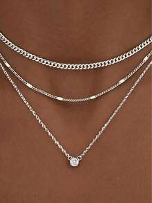 Teen Layered Gold Necklace, Exquisite Pendant Necklace, Inlaid With Cubic Zirconia Circles, Thick Stacked Cuban Chain Necklace, Fashionable Waterpr For Kids - Multicolor - View 8