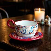 1 Set Vintage Floral & Bird Pattern Ceramic Coffee Cup With Tray, Embossed Wavy Edge Coaster, European Retro Afternoon Tea Cup, Home Breakfast Latte Milk Cup, Coffee Shop Hotel Tabletop Decor, Perfect Birthday Gift For Women - Multicolor - View 9