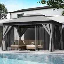 10x13 Ft Outdoor Gazebo, Galvanized Steel Frame Patio Canopy Tent W/ Double Roof, Zippered Mosquito Netting & Privacy Curtains For Backyard Garden - 1 - View 5