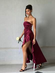Women's Summer Red Strapless Satin Slit Slip Dress For Party, Holiday, Back To School - Burgundy - View 6