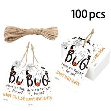 Etiquetas colgantes de Halloween con cuerda, etiquetas de papel de 3.3x2.1 pulgadas con fantasma y Feliz Halloween para embalaje de regalos, etiquetas negras de Boo para fiestas, adecuadas para bolsas de caramelos, recuerdos de fiesta, manualidades DIY - Etiquetas de Halloween con - Ver 9