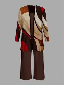Plus Size Women's Fashion Printed Elegant 3 Pieces Set - Mocha Brown - View 4