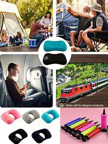 1/2pcs Set Neutral Style 8-Color Inflatable Waterproof Camping Pillow, Neck Support, Machine Washable, Hiking Gear, Foldable Travel Pillow, Includes Eye Mask And Earplugs Set, Summer Travel Vacation Essential, Mother's Day/Father's Day Gift (Random Style) - Multicolor - View 4