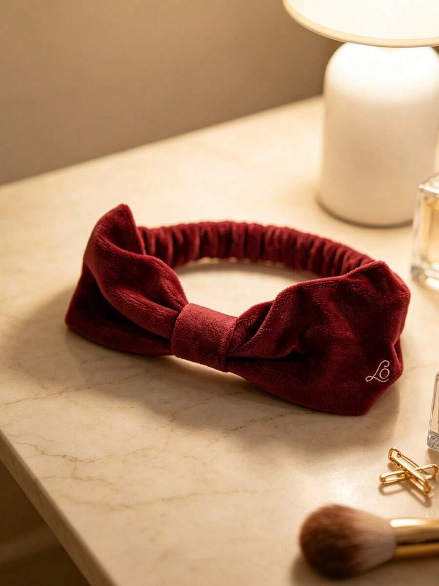 L'Occitane Burgundy Velvet Large Bow Embroidered Logo Wide Headband, Non-Slip Face Wash Headband, Vintage French Elegant Women's Hairband LOCCITANE-GIFT-49 - Red - View 1
