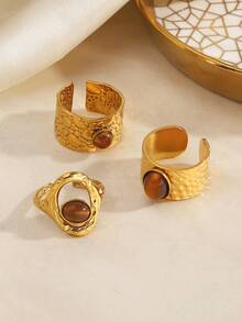 3pcs Stainless Steel Minimalist Tiger Eye Stone Hammered Open Rings, Suitable For Women's Daily And Party Wear - Multicolor - View 3