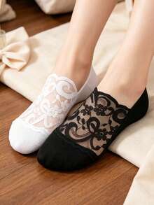 chuanwa（2） 1/5/10 Pairs Sheer Floral Lace Low Cut Invisible Socks Trim Breathable Thin Mesh Anti-Slip Hidden Foot Liners Women Comfort No Show Socks For Flat Shoes - Multicolor - View 5
