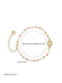 1pc American Popular, Classic Copper Handmade Beaded Rosary Virgin Mary Bracelet, Suitable For Ladies' Daily Holiday Decorations/Gifts.Love Tail Chain - Yellow Gold - View 2