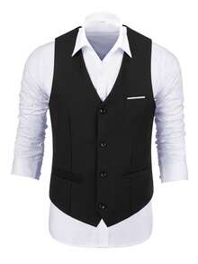 Men's 2-Piece Matching Suit Set, Solid Color Slim Fit Formal Vest And Black Striped Tie, Gentleman Formal Waistcoat, Suitable For Business, Wedding, Ball And Party - Black - View 6