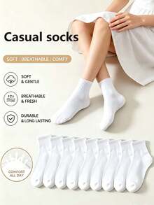 1/10 Pairs Women's Black & White Solid Color Short Socks, Soft Breathable Sweat-Absorbent Casual Socks, Couple Style, Suitable For Daily Wear, Home, Back To School, All Seasons - White - View 1