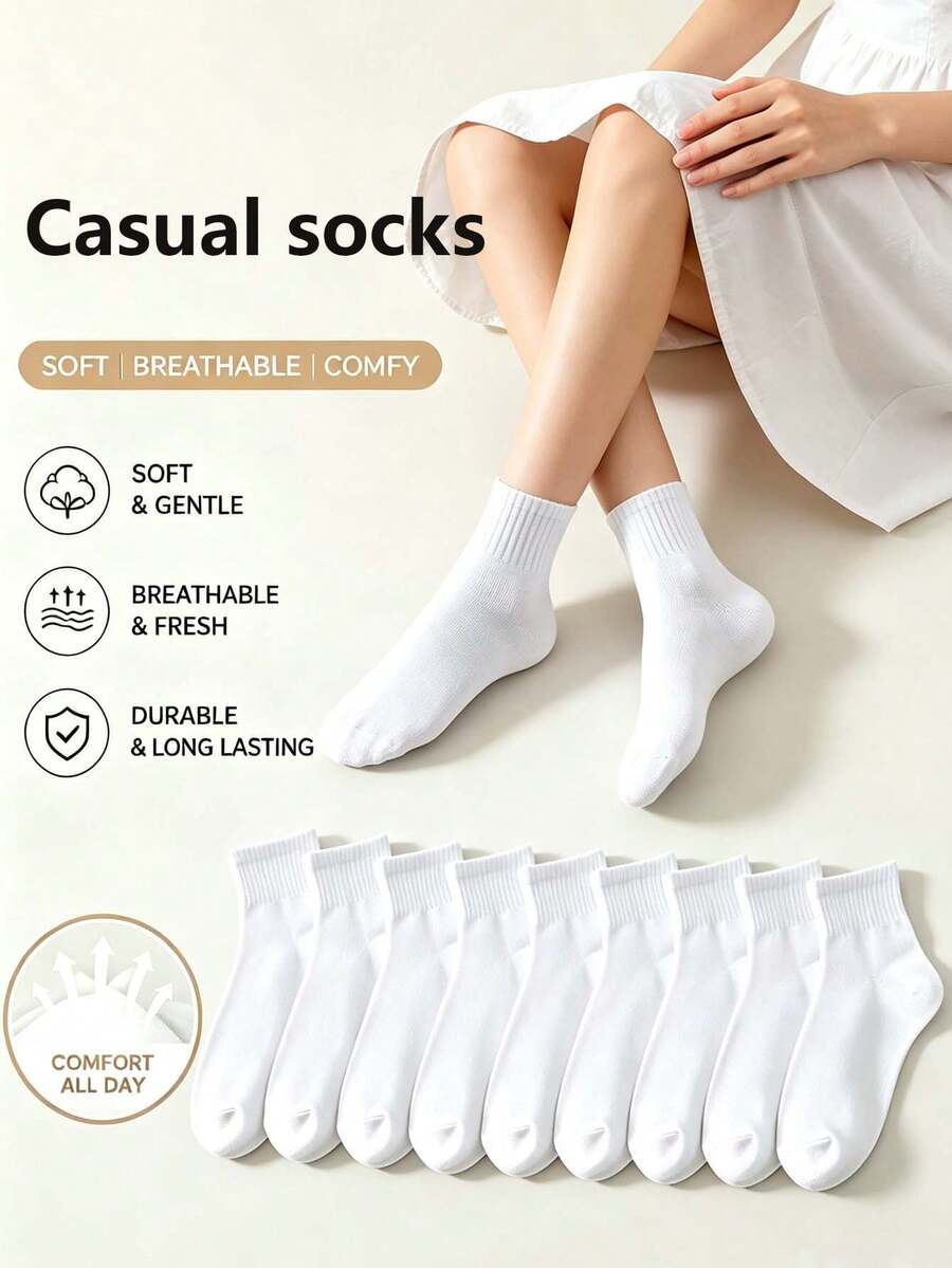 1/10 Pairs Women's Black & White Solid Color Short Socks, Soft Breathable Sweat-Absorbent Casual Socks, Couple Style, Suitable For Daily Wear, Home, Back To School, All Seasons - White - View 1
