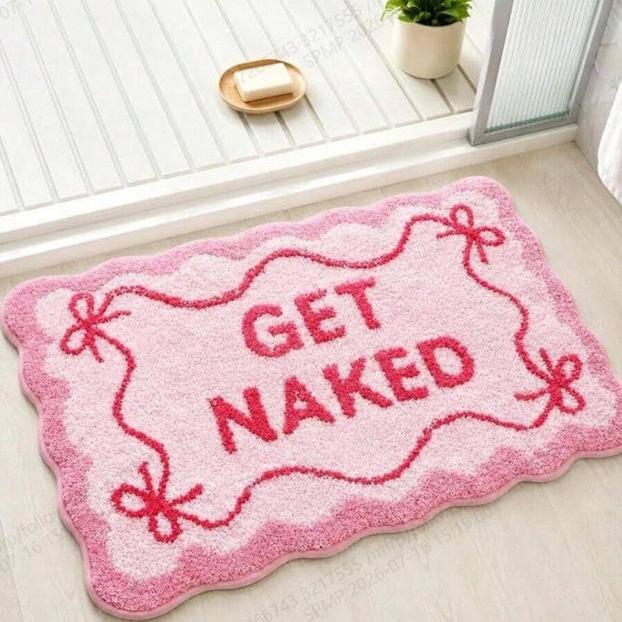 Blue Bow Bathroom Mat, Bathroom Rug, Bathroom Carpet, Door Mat, Area Decor Rug, Humorous Wavy Bathroom Decor, Machine Washable, Plush Material, Bathroom Floor Carpet, Suitable As Party Gift, Bathtub, Shower Use, Pink - Pink - View 1