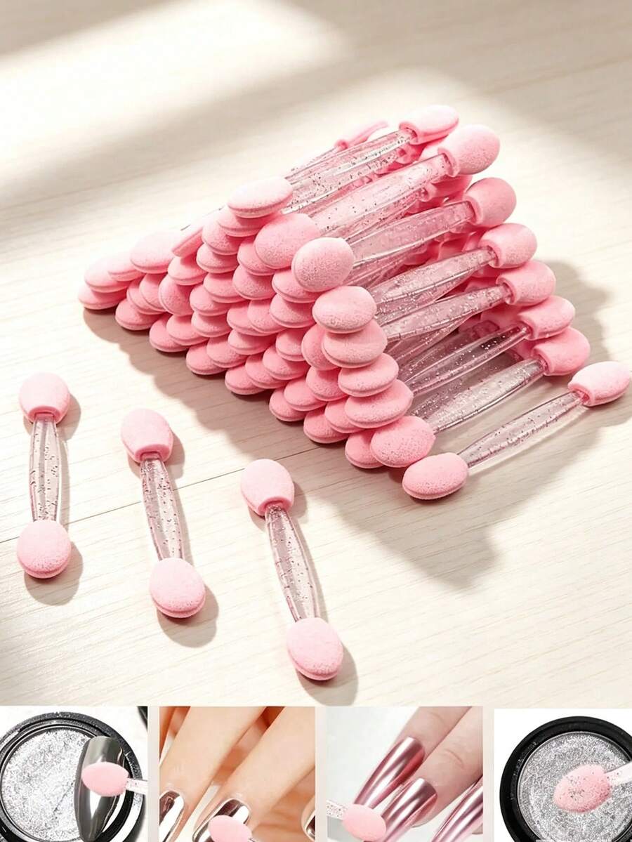 200/100/50 piezas Palito de esponja para uñas, cepillo de esponja de doble extremo, cepillo degradado para uñas, pinza de mano, cepillo de piedras de rhinestone - Rosa - Ver 1