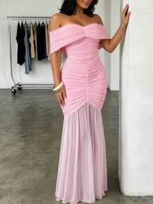 ChicMe Vestido largo con hombros descubiertos y drapeado, vestido de cóctel ajustado sin mangas con silueta de sirena para mujer - Rosa Pálido - Ver 5