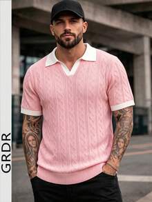 GRDR Men's Knit Short Sleeve Top With Contrast Trim Design, Summer Fashion Casual T-Shirt - Pink - View 2