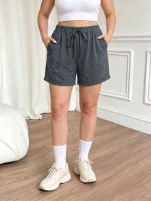 1pc Plus Size Women's Decorative Drawstring Loose Shorts, Side Pocket Design, Loose Fit Flattering, Versatile Yoga Shorts Summer Sports - Iron Gray - View 2