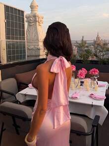 Solid Color Elegant Satin Backless Women's Cocktail Dress For Party, Wedding, Holiday, Date Pink - Pink - View 1