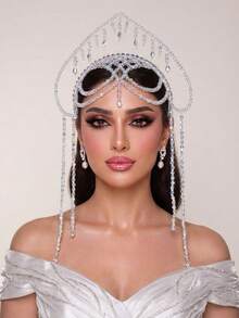1pc Luxury Black Crystal Bridal Crown Headband With Crystal Tassel Forehead Decor, Suitable For Wedding Party - Black - View 13