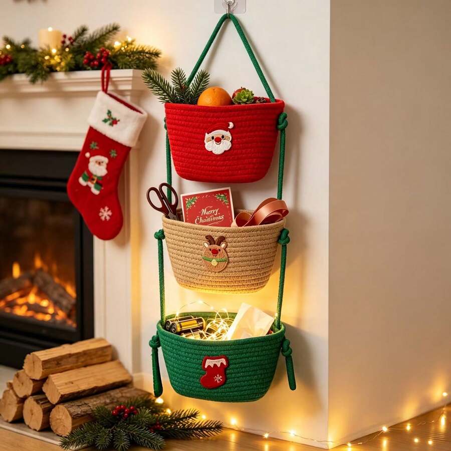 3層編織懸掛收納籃,附可拆卸裝飾架,適用門後、廚房、客廳、浴室、臥室,壁掛式收納,適合日常用品存放的居家裝飾收納方案 - 彩色 - 查看 1