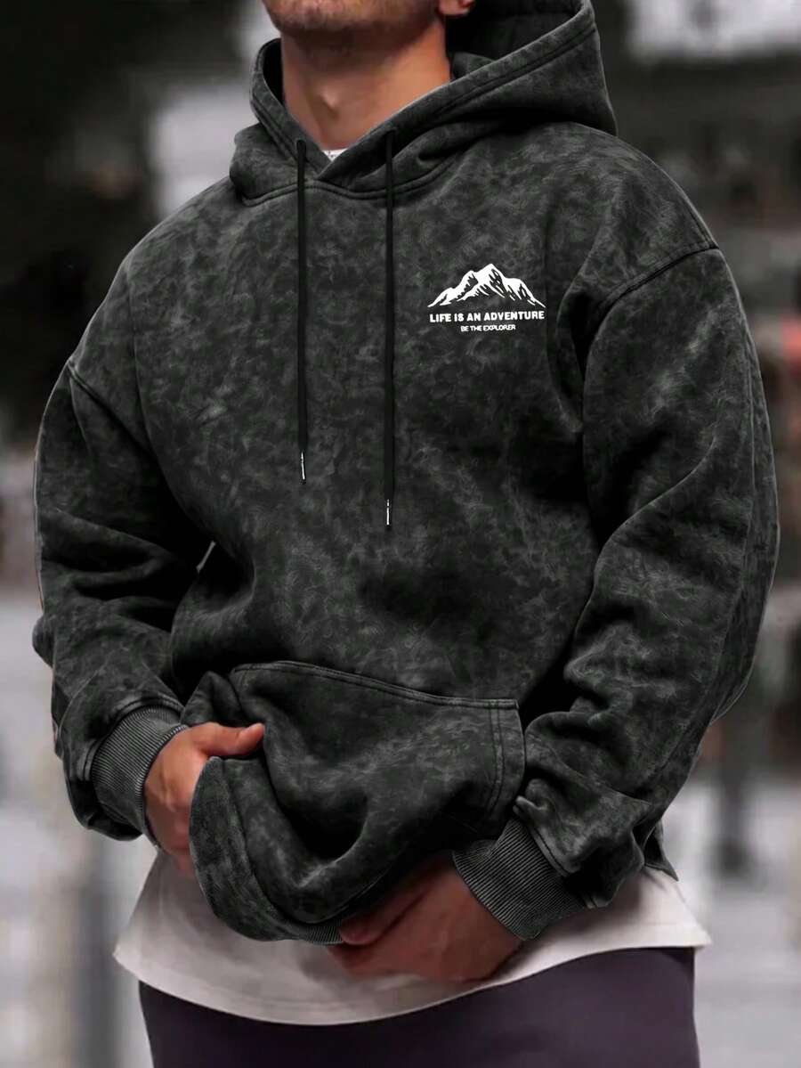 Black & Grey Tie-Dye Washed Distressed Snow Mountain English Logo Hooded Sweatshirt For Men, Loose Fit Drawstring Kangaroo Pocket Hoodie