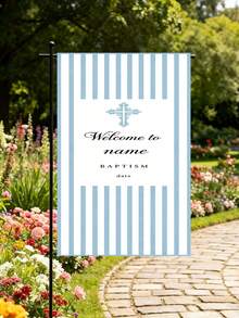 Soft Light Blue Vertical Stripe Retro Carved Cross Baby Boy Baptism Religious Ceremony Custom Garden Flags Personalized DIY Customized New Flags Outdoor Front Lawn Yard Hanging Welcome Banner For Newborn Faith Family Backyard Sacrament Decor Supply - Multicolor - View 5