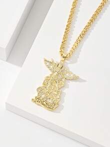 1PC Vintage Women's St. Michael Pendant Necklace, 14K Gold Plated Copper Pendant Inlaid With Zirconia, St. Michael Relief Symbolizing Peace And Protection Paired With Cuban Chain, Suitable For Christmas/Thanksgiving/Halloween/Mother's Day/Valentine's Day/Couples/Friends/Fellow Believers Gift, Catholic First Communion, Gift, Daily And Holiday Wear For Prayer - Yellow Gold - View 4