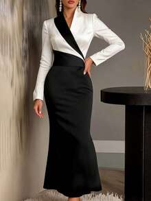 Women's Spring/Autumn Elegant Colorblock Long Sleeve Minimalist Fashion Dress - Black and White - View 4