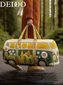 Dedoo Vintage Hippie Van Print Travel Luggage Bag, Peace Sign & Floral Weekend Tote, Women's Casual Bohemian Style Vacation Storage Bag - Multicolor - View 5