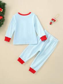 Setelan 2 Potong Lengan Panjang Motif Santa Claus Biru Muda, Celana Kasual Anak Motif Santa Claus Lucu 2 Potong - Biru - View 3