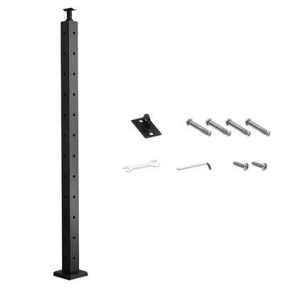 Railing Post, 42x2x2 Inch Corner Railing Post, With L-Shaped Pre-Drilled Holes, Stainless Steel Rail Post With Horizontal And Curved Bracket, 1-Pack, Black, 1JZLGZXHS1065S1EW001V0