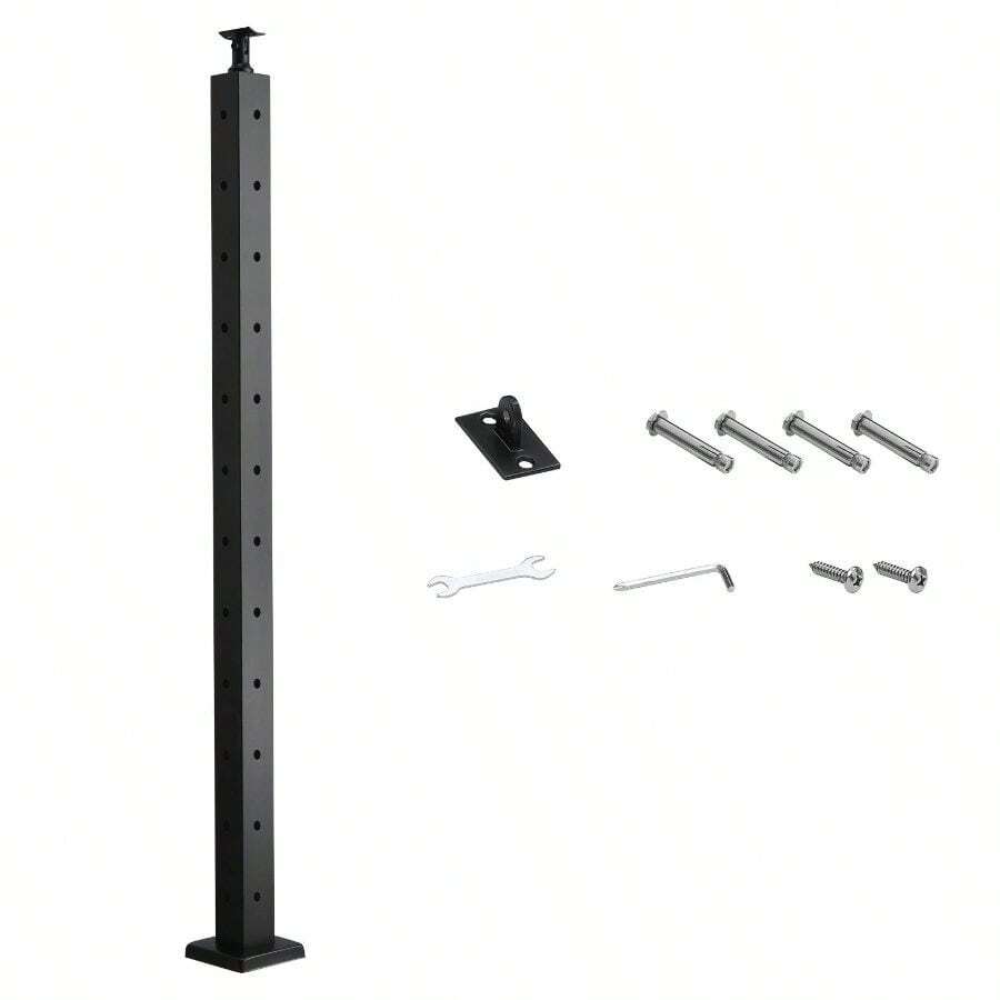Railing Post, 42x2x2 Inch Corner Railing Post, With L-Shaped Pre-Drilled Holes, Stainless Steel Rail Post With Horizontal And Curved Bracket, 1-Pack, Black, 1JZLGZXHS1065S1EW001V0 - 106.7x5x5 cm + L-shaped Hole - View 1