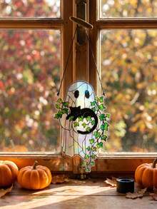 1pc Painted Glass Window Decoration, Sunlight Capture Device, Acrylic Wall Decoration, Gothic Flower Circular Light Capture Pendant, Halloween Home Indoor Window Party Decoration - Ghost C - View 9
