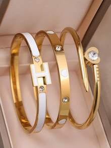 3pcs/1pc Luxury Gold & Pink Floral Bracelet Set - Roman Numeral & Crystal Stackable Bracelets, Waterproof Stainless Steel Women's Jewelry, Perfect Gift For Girlfriend And Mom - White - View 1