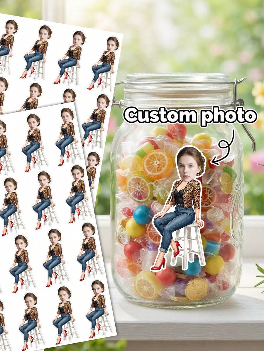14/20/44pc Custom Face Leopard Print Jacket High Stool Sitting Pose Scrapbook Stickers, Denim Red High Heels Die-Cut Sticker, Journal Album Keepsake Decorative Accessories,Birthday Party Favor,Girlfriends' Afternoon Tea Party Decor - Multicolor - View 1