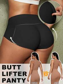 1pc Women's Tummy Control Butt Lifting Micro Shaping Panties, Padded Butt Lift Shaping Underwear - Black - View 4
