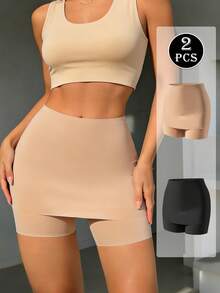 2pcs Solid Color High Waist Comfortable Seamless Anti-Chafing Women's Safety Pants - Multicolor - View 2