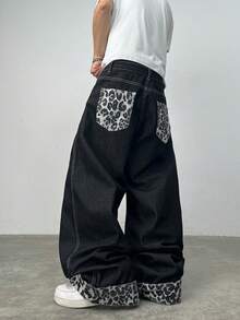 Justice Brother 1pc American Streetwear Brand Personalized Design Patchwork Leopard Print Men's Denim Jeans All Season Wide Leg Loose Fashion Versatile Long Pants (Belt/Accessories Not Included) - Black - View 1