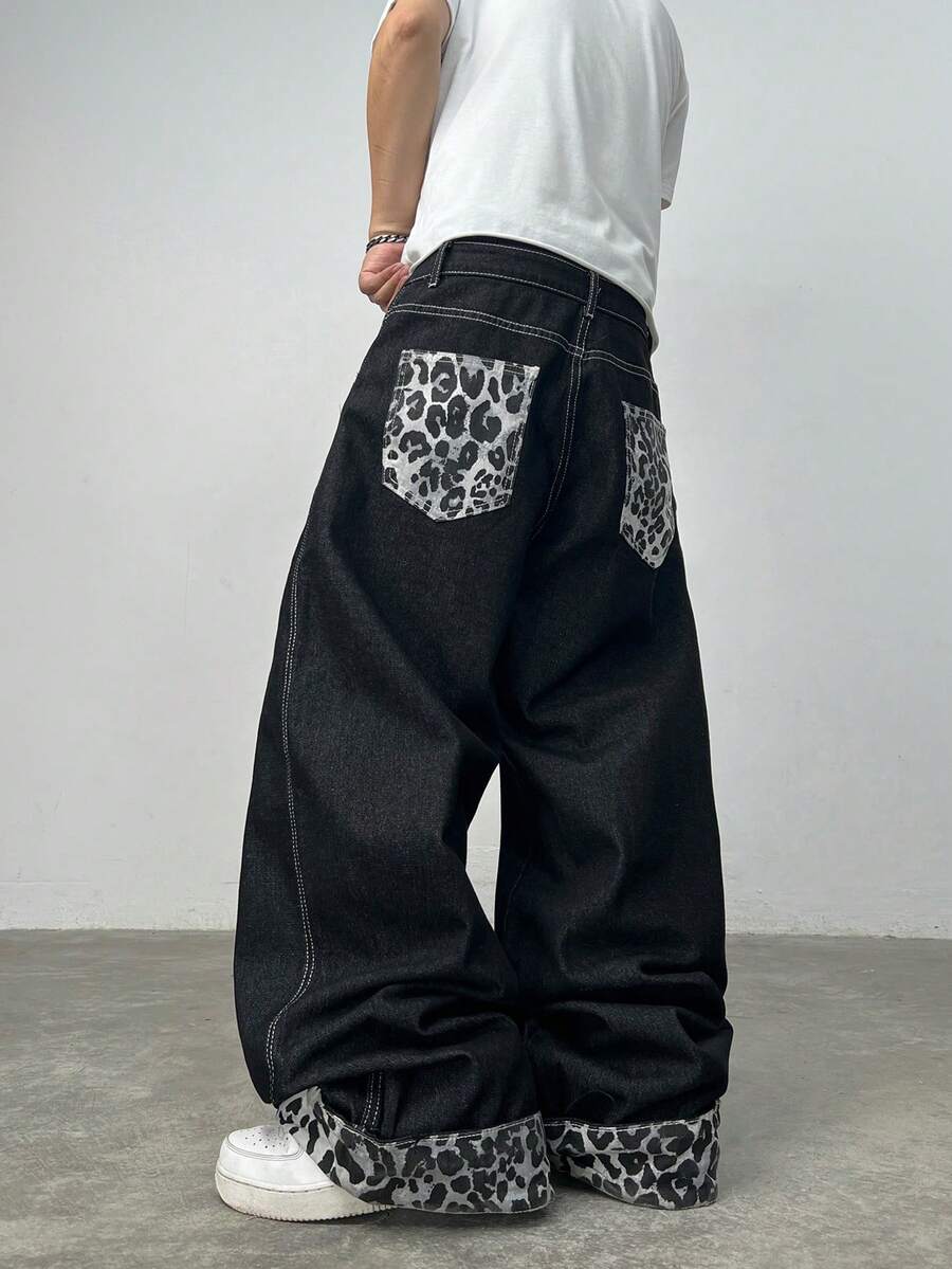 Justice Brother 1pc American Streetwear Brand Personalized Design Patchwork Leopard Print Men's Denim Jeans All Season Wide Leg Loose Fashion Versatile Long Pants (Belt/Accessories Not Included) - Black - View 1