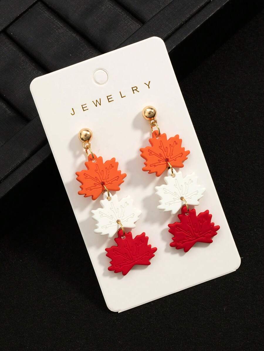 2pcs Autumn/Winter Acrylic Maple Leaf Pendant Earrings, Faux Soft Clay Acrylic Earrings, Fashionable Elegant Drop Earrings, Thanksgiving Earrings - Style 1 - View 1